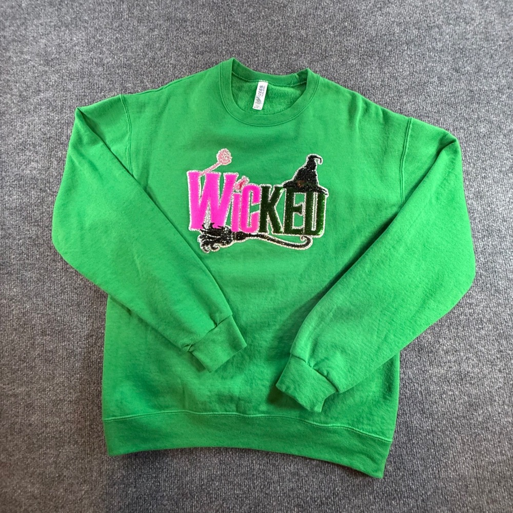Jerzees Wicked Sequin Sweatshirt Green Crewneck Broadway Musical Pink Black M